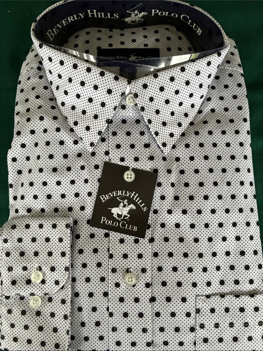 Vintage Beverly Hills Polo Club Men’s White Shirt with Black Polka Dots